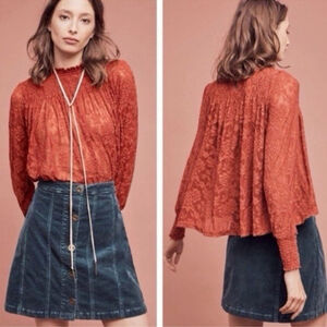 Anthropologie Deletta Womens Top Amanna Lace Smocked Burnt Orange Stretch Sz. S